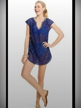 Lily Pulitzer Women's Navy Eyelet Swimsuit Cover-Up Boho Beachy Vacation Size 2X